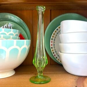 Fenton Uranium Vaseline Green Glass Swung Bud Vase 8 1/2”